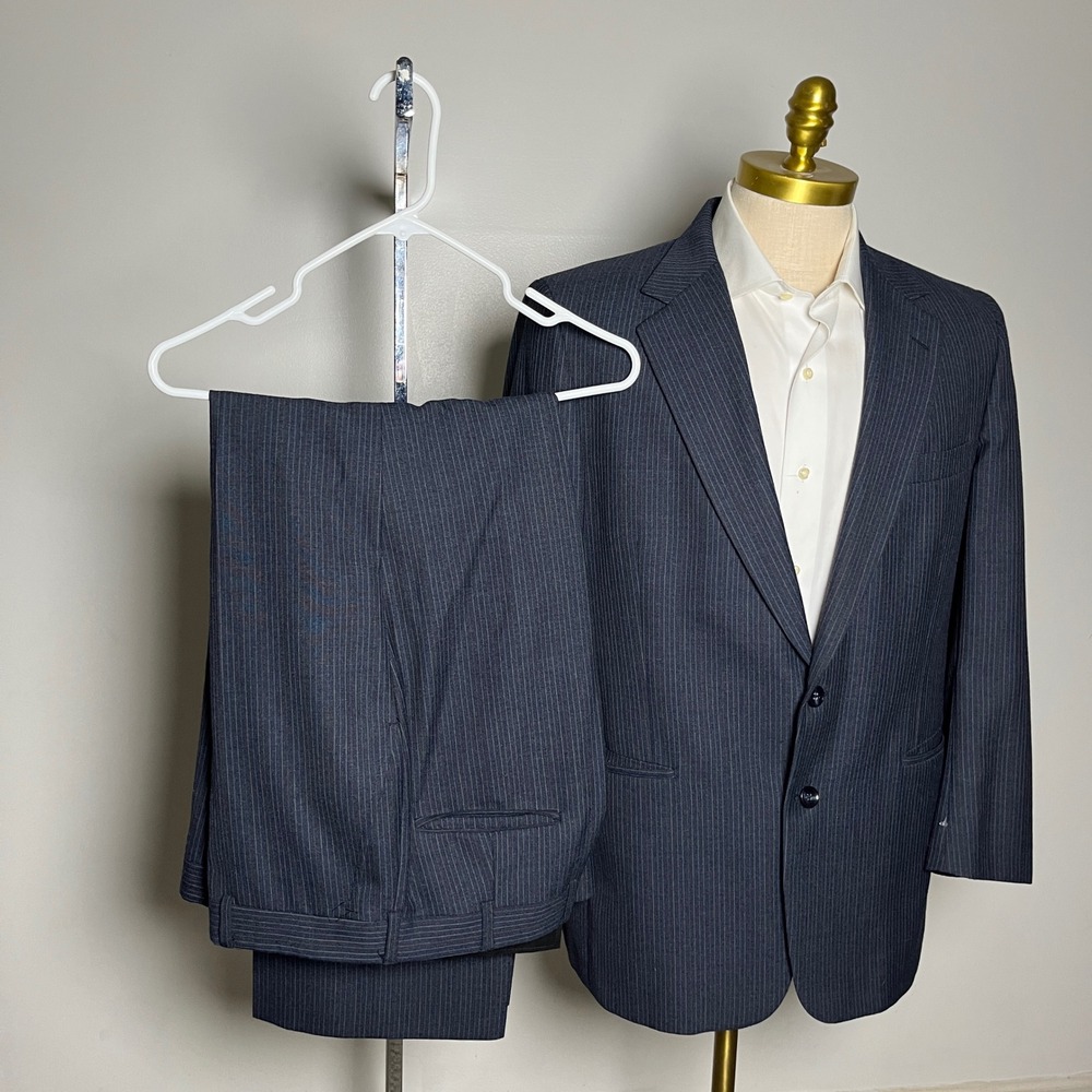 1980s Kingsridge Suit‎ Mens 42R 36W Navy Blue Pinstripe Vintage Wool 2-Button
